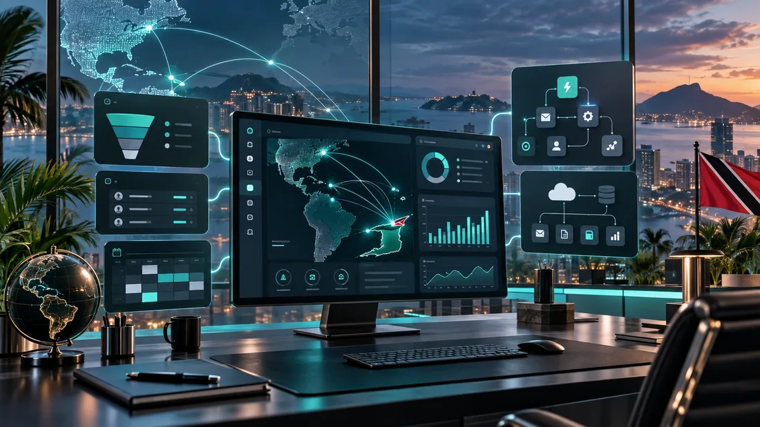 Illustrated CRM and automation dashboards connecting forms, calendars, email, and reporting