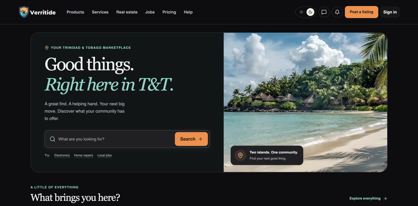 Verritide marketplace web app showing search and listing categories