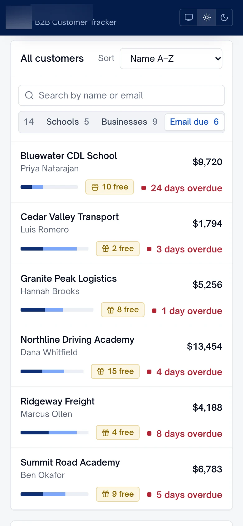 The customer list filtered to schools with a check-in email due