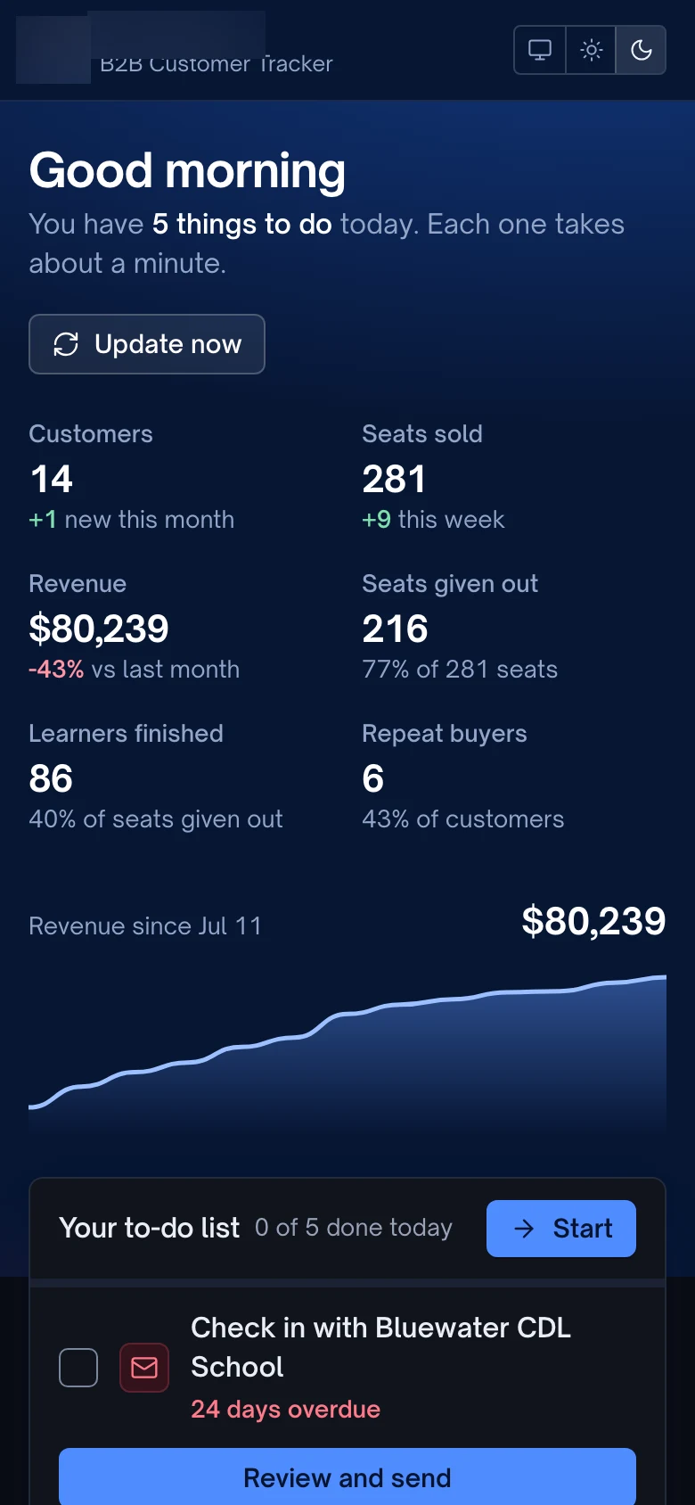 Tracker home page on a phone in dark mode