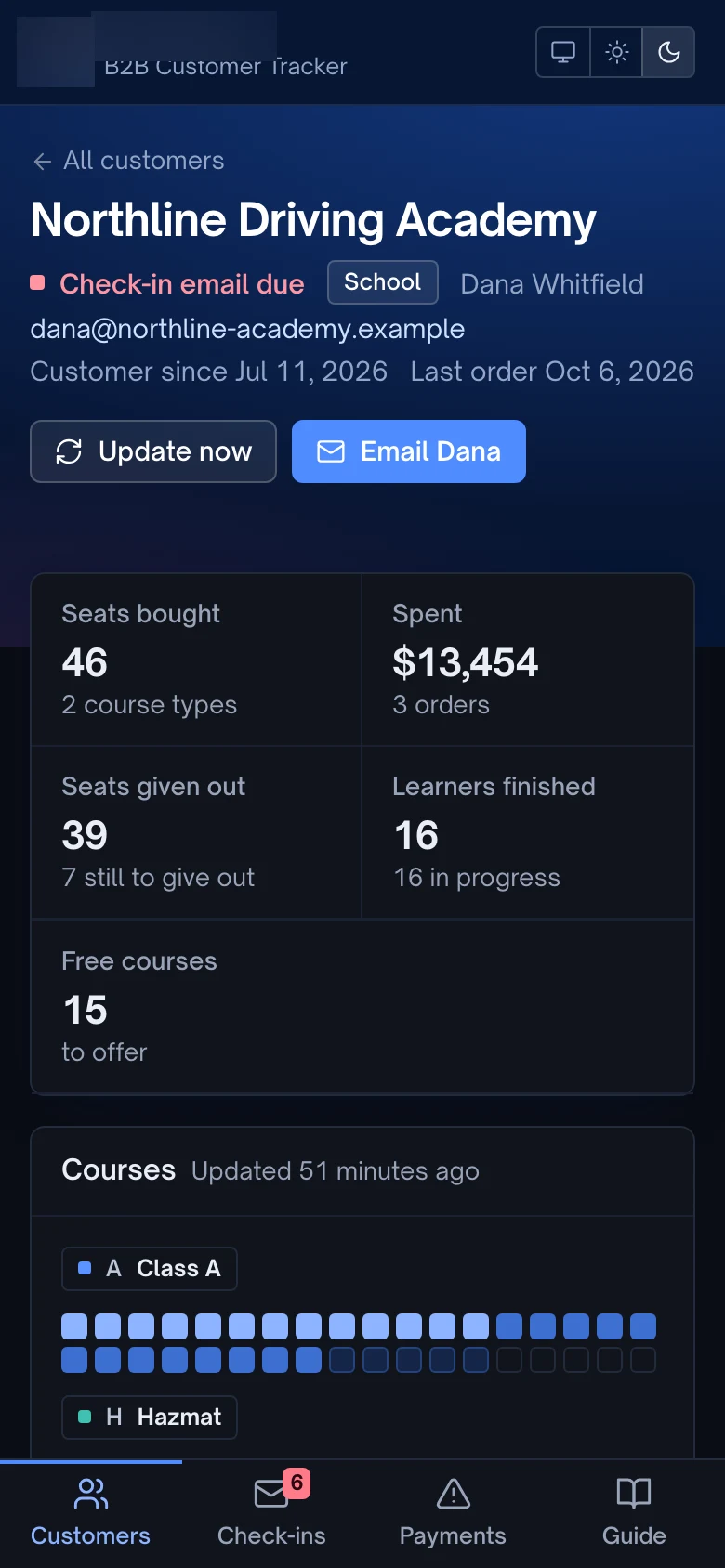 A customer profile on a phone in dark mode