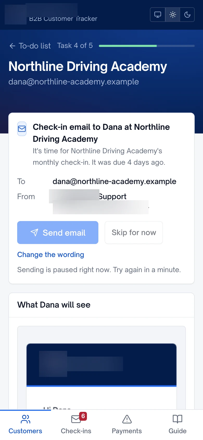 Check-in email screen on a phone with send and skip buttons