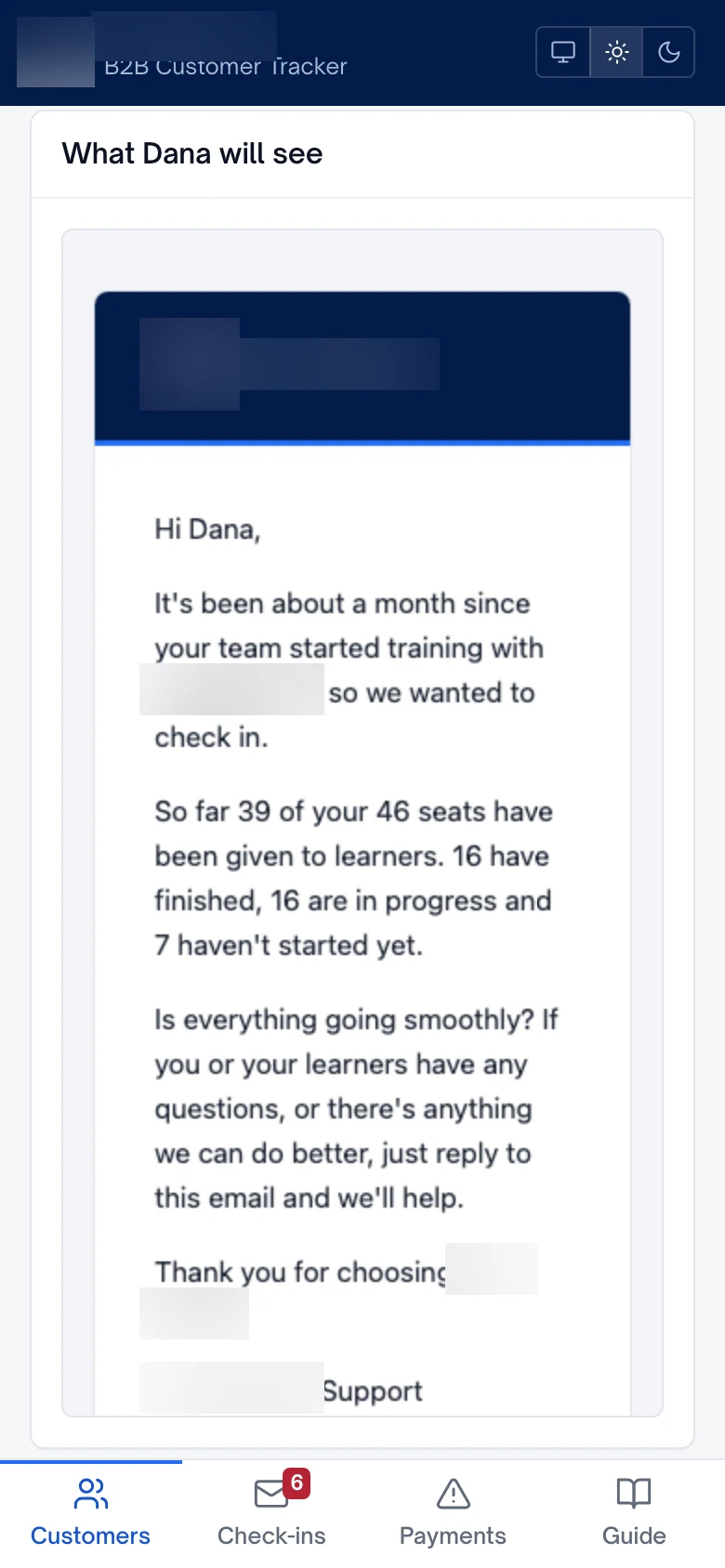Preview of the check-in email as the customer will see it
