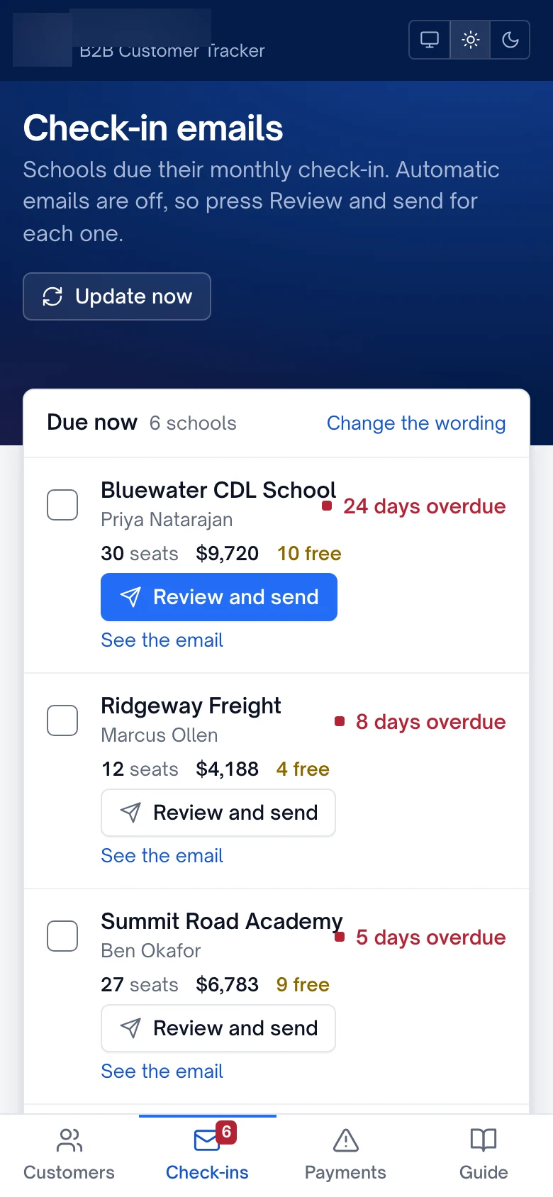 Check-in emails page listing the schools due this week