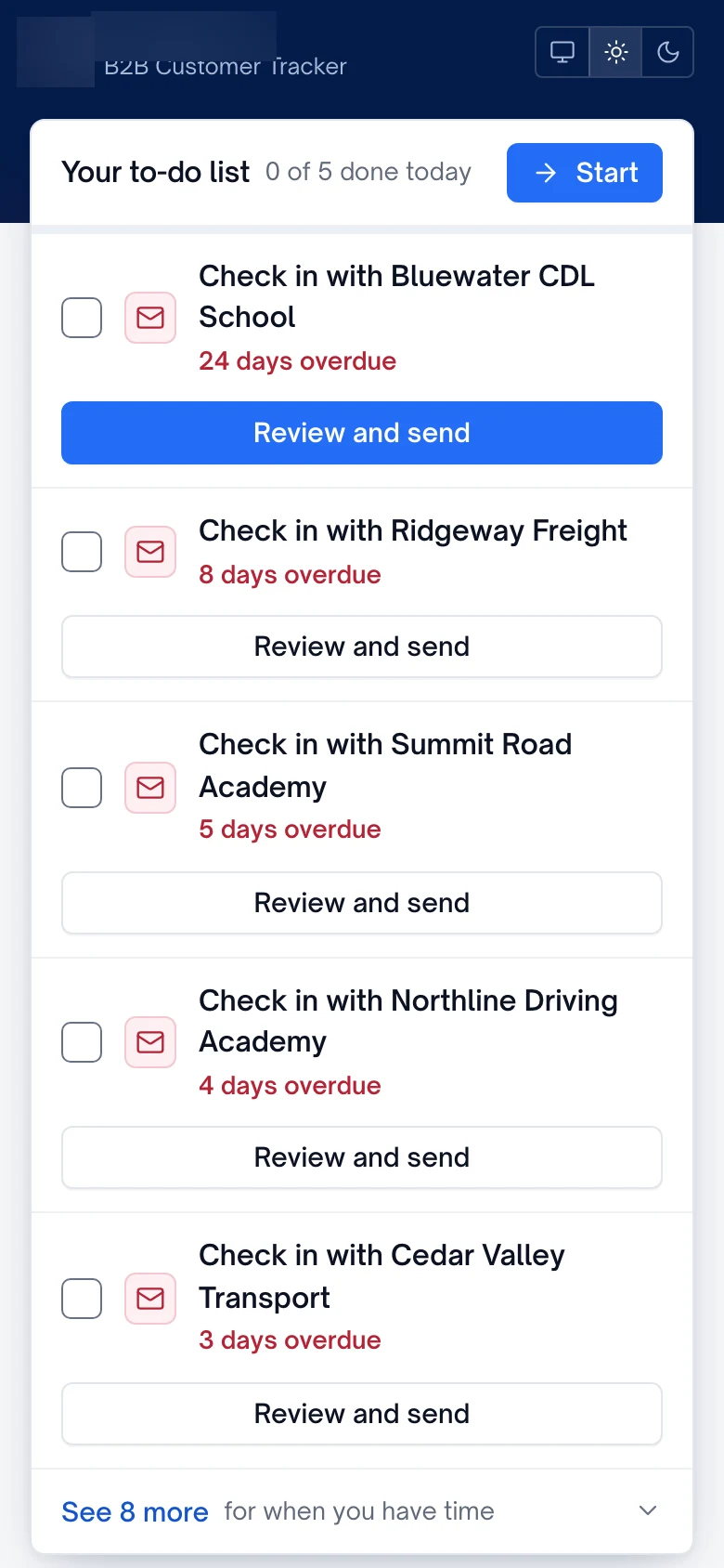 The to-do list of check-ins to review and send