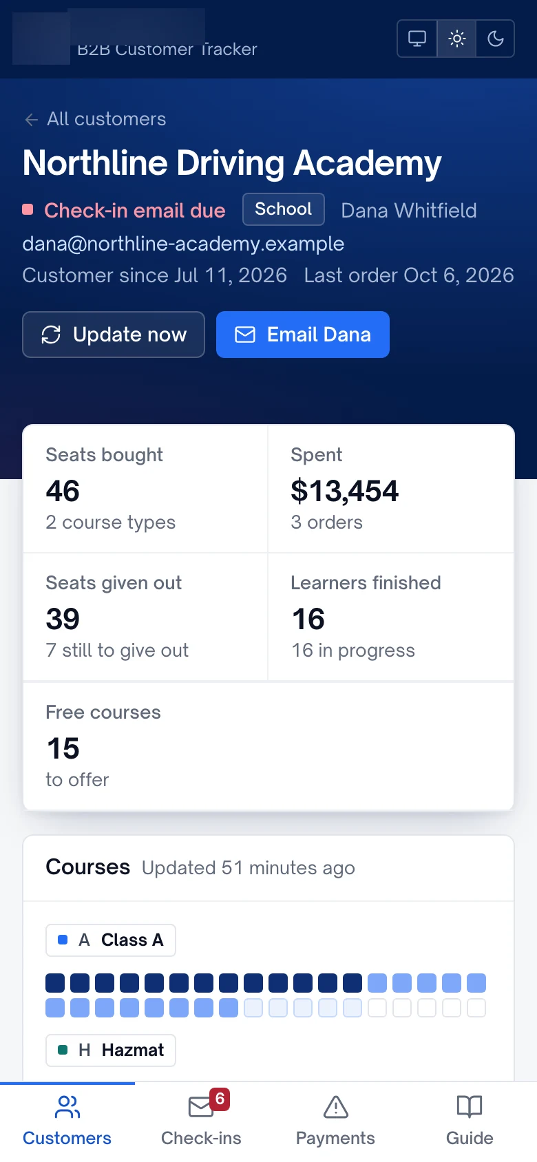 Customer profile on a phone: school name, check-in status and summary numbers
