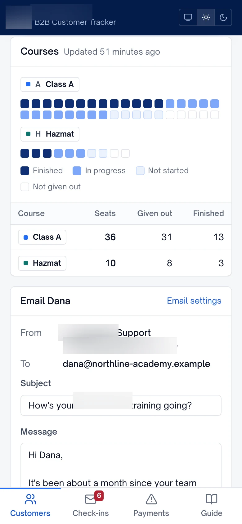 Seat-by-seat course tracker showing finished, in-progress and unstarted seats