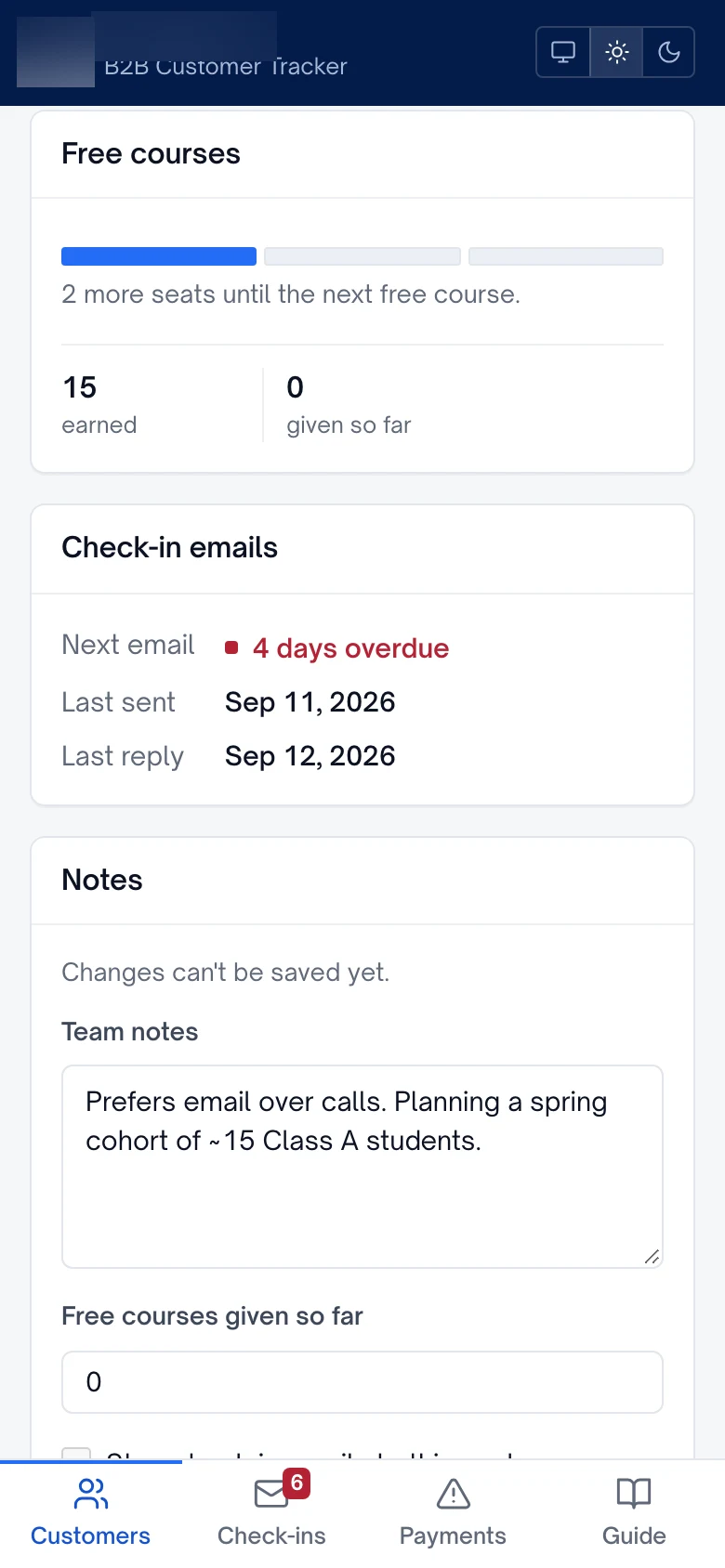 Free courses earned and the customer's check-in email dates