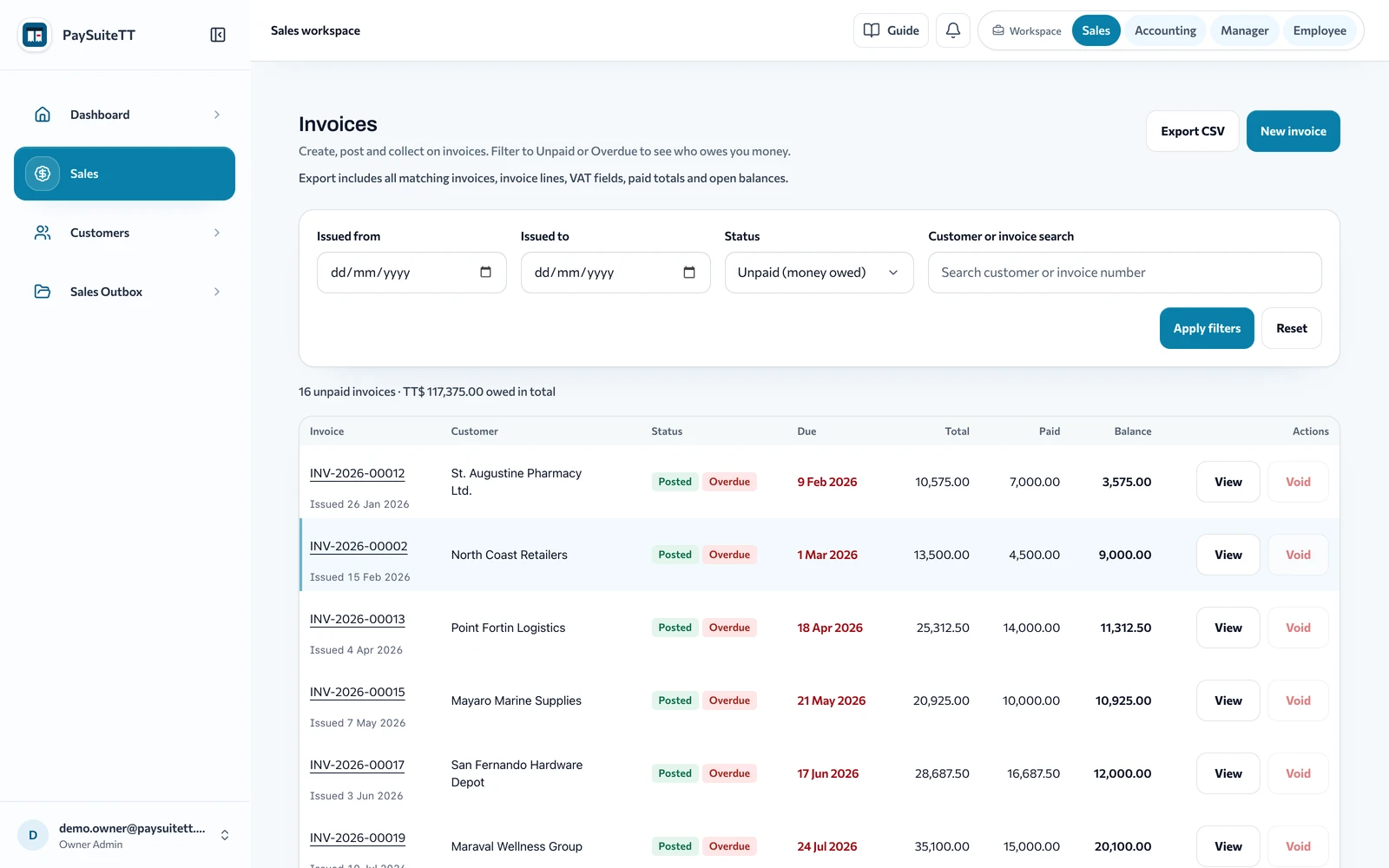 PaySuiteTT sales invoices filtered to unpaid, showing posted and overdue invoices with balances owed