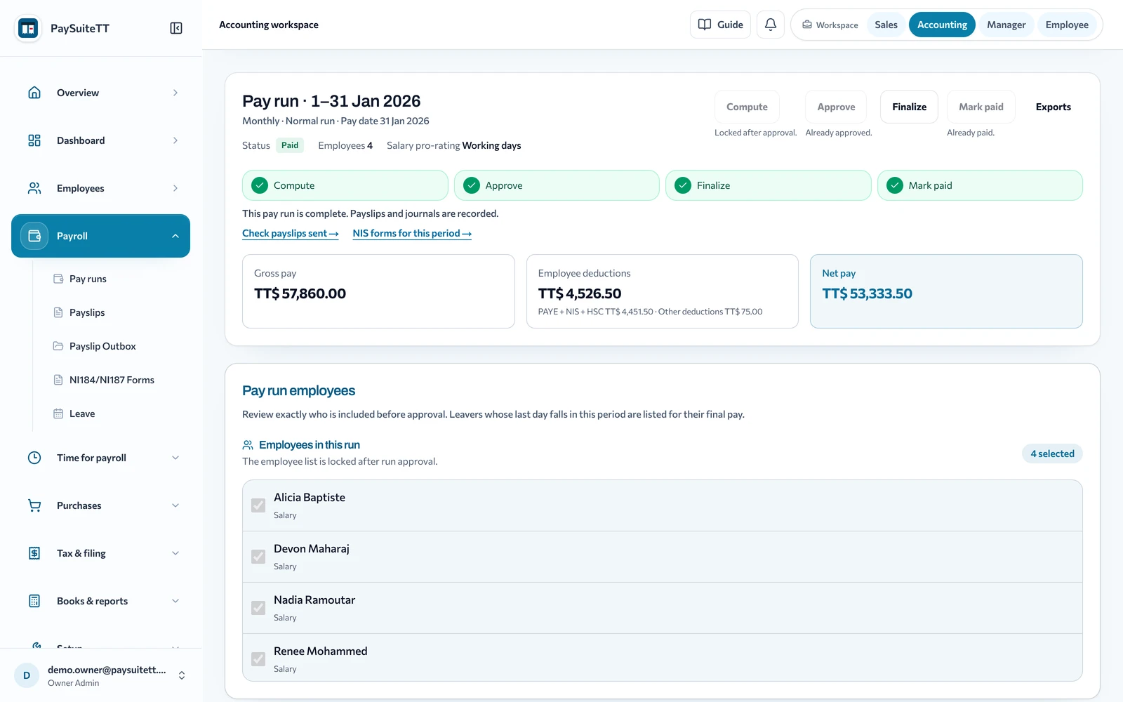 PaySuiteTT pay run for January 2026 with compute, approve, finalize and mark paid steps complete and gross, deductions and net pay totals