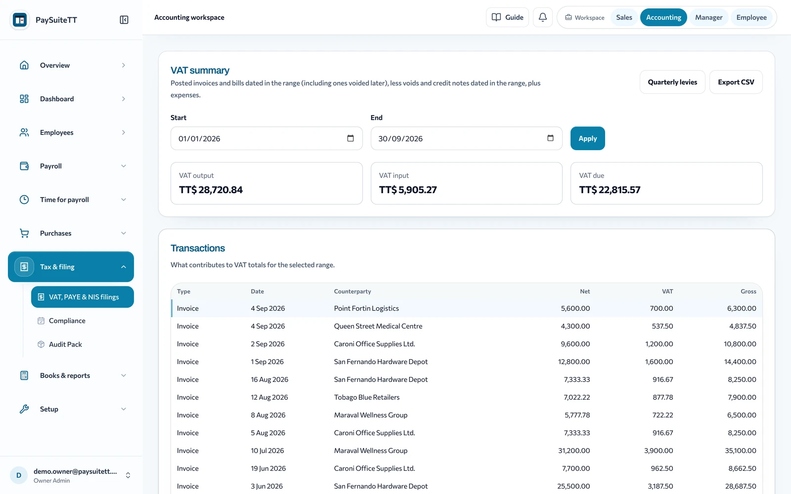PaySuiteTT VAT summary with VAT output, input and due totals and the transactions behind them