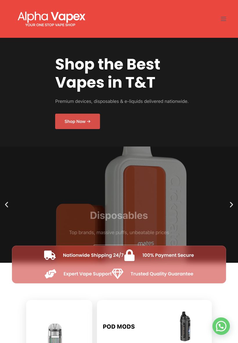 Alpha Vapex Retail Website Support — tablet view