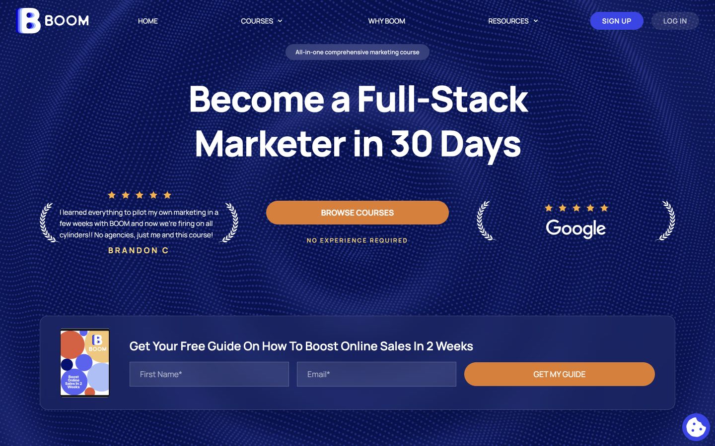 Boom Marketing Course Website — desktop view
