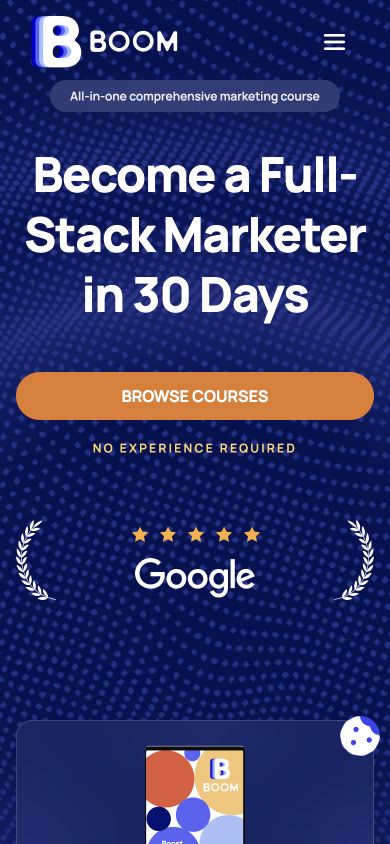 Boom Marketing Course Website — phone view
