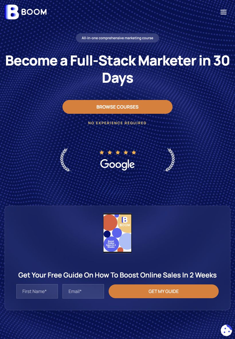 Boom Marketing Course Website — tablet view